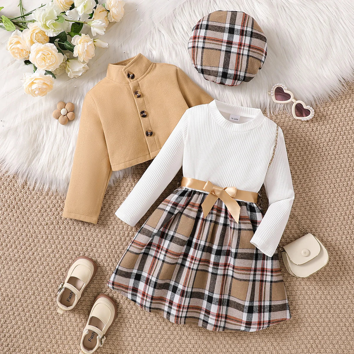 Kids Girls Clothes 3 Pcs Sets 1-6 Years Autumn Winter Long Sleeve Plaid Dress With Jacket+Beret Child Girl Fashion Clothing Set