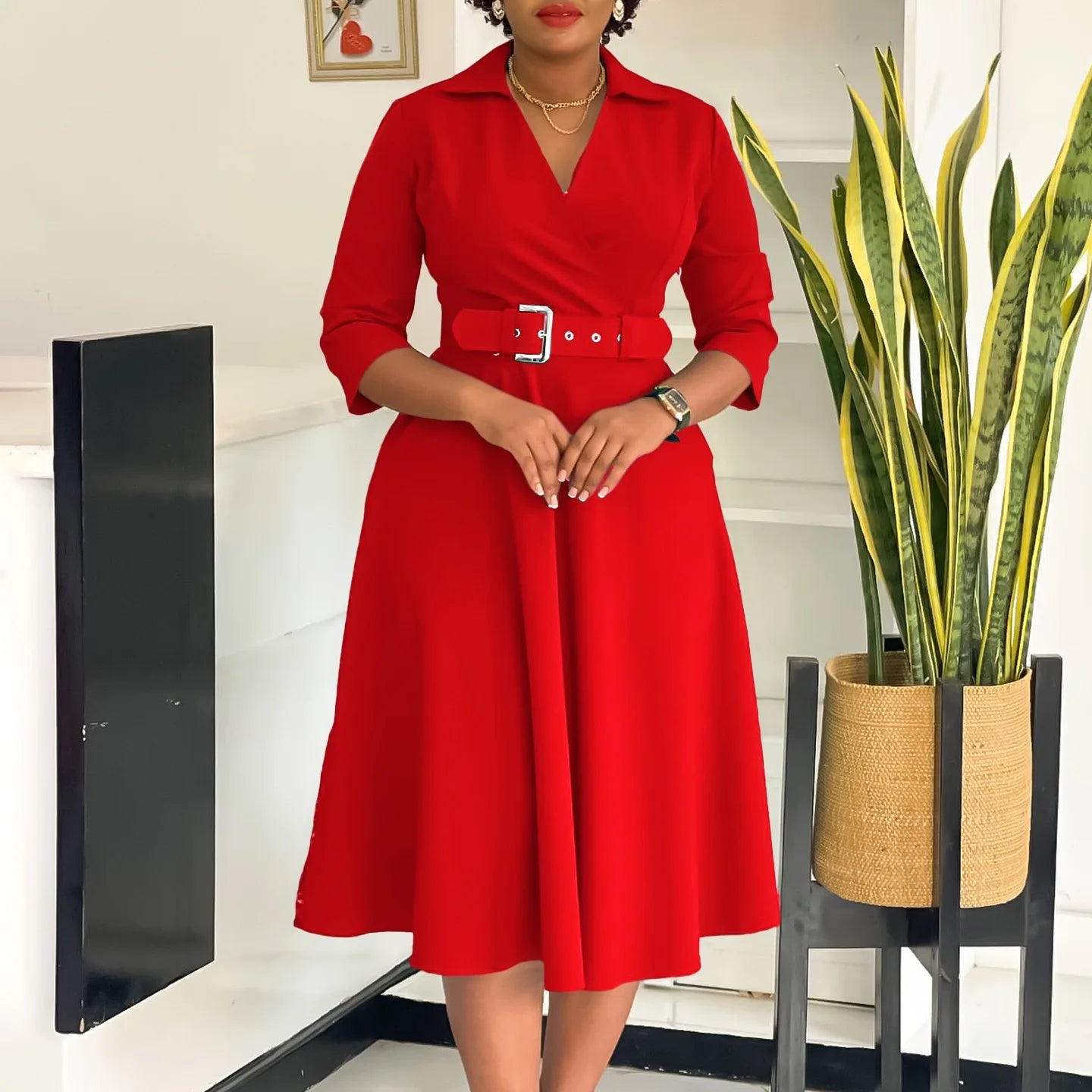 Fashion Office Dresses for Women Turn Down Collar V Neck Belt Waisted Pleated Mid Calf Elegant African Business Work Dress Cloth