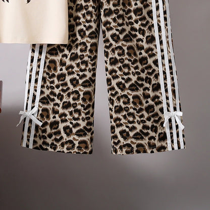 Kids  Clothing Sets Beige Bow Printed T-shirt & Striped Leopard Pants Trendy Girls Outfit Summer Clothing Sets 8-12 Kids Suit