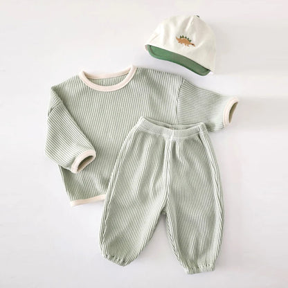Korean Style Children Clothes Suit Waffle Pullover+Pants Baby Boys Girls Clothing Set Spring Autumn Kids Clothes Suit