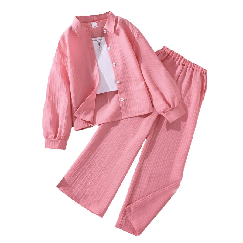 Girls Sets 4-16 Years Shirt Long-Sleeved Coat + Loose Casual Long Pants For Girls Korean Style Suits Summer Fashion Clothes Sets