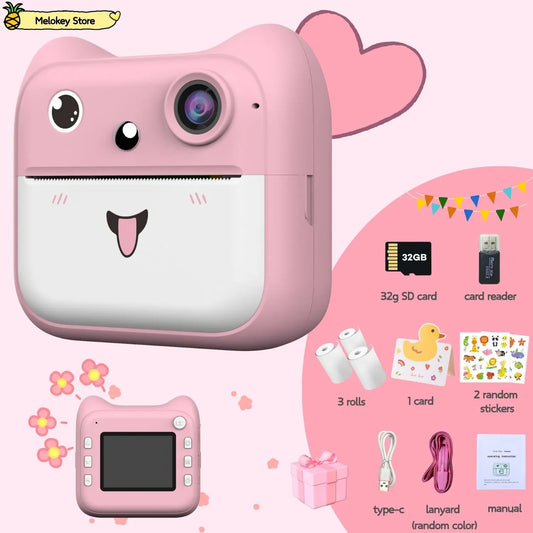 Kids Photo Camera Printer with Game Cute Pink Blue Mini Digital Video Child Instant Print Camera 4-12 Years Kids Girls Boys Gift