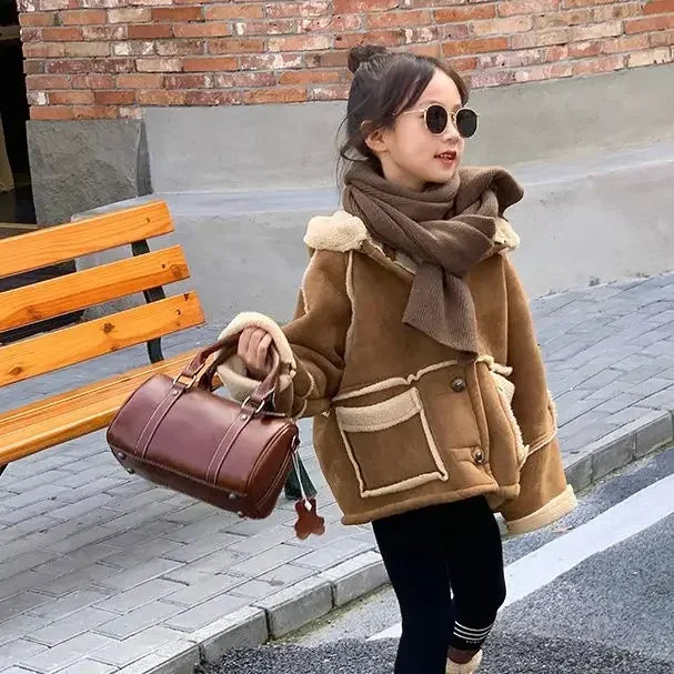 Girl Coat Children Suede Coat Autumn and Winter Girl Korean Style Thick Fur Integrated Biker Coat with Fleece on Both Sides