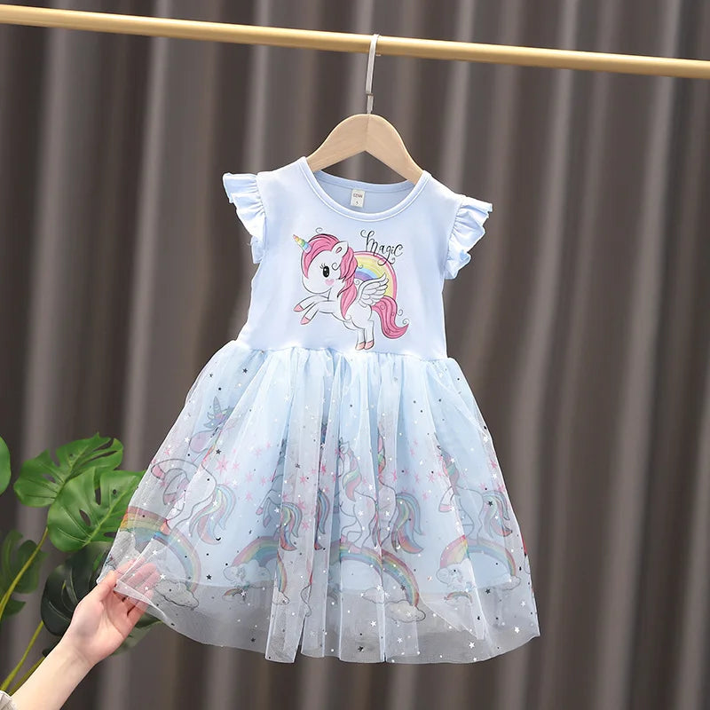 Girls Dress 2025 New Summer Princess Dresses Flying Sleeve Kids Clothes Unicorn Party Baby Dresses For Children Clothing 3-8Y