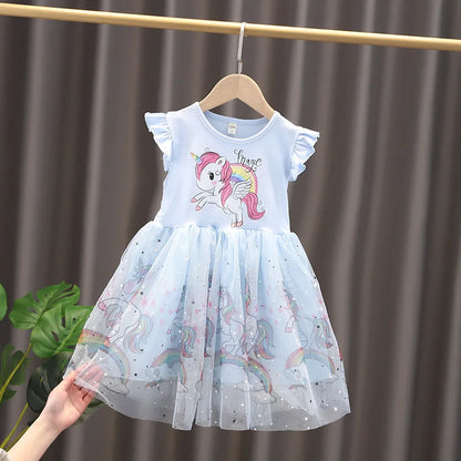 Girls Dress 2025 New Summer Princess Dresses Flying Sleeve Kids Clothes Unicorn Party Baby Dresses For Children Clothing 3-8Y