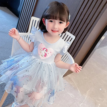 Girls Dress 2025 New Summer Princess Dresses Flying Sleeve Kids Clothes Unicorn Party Baby Dresses For Children Clothing 3-8Y