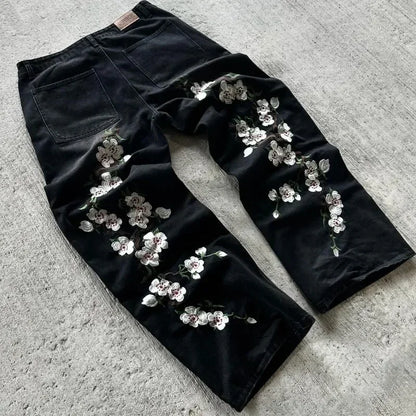 Hip Hop Cherry Blossom Embroidered Jeans Vintage Low Waist Wide Leg Trousers Y2K Clothes Mens Womes Embroidered Baggy Jeans