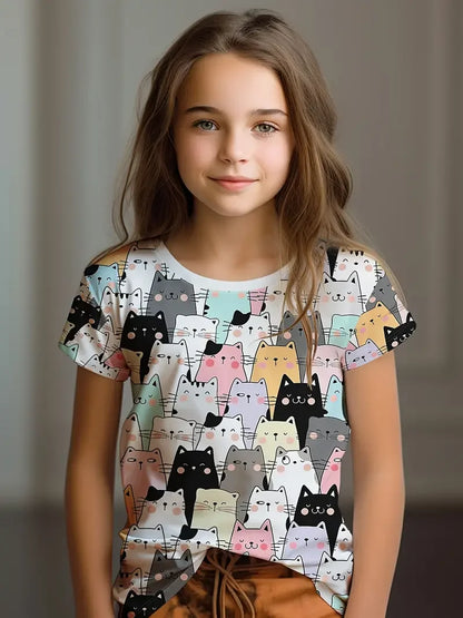 Kids Clothes Children's T-Shirt Girl Short Sleeve Top Cartoon Cat Kawaii Girls Summer Clothes Child T-Shirt  Children's Clothing