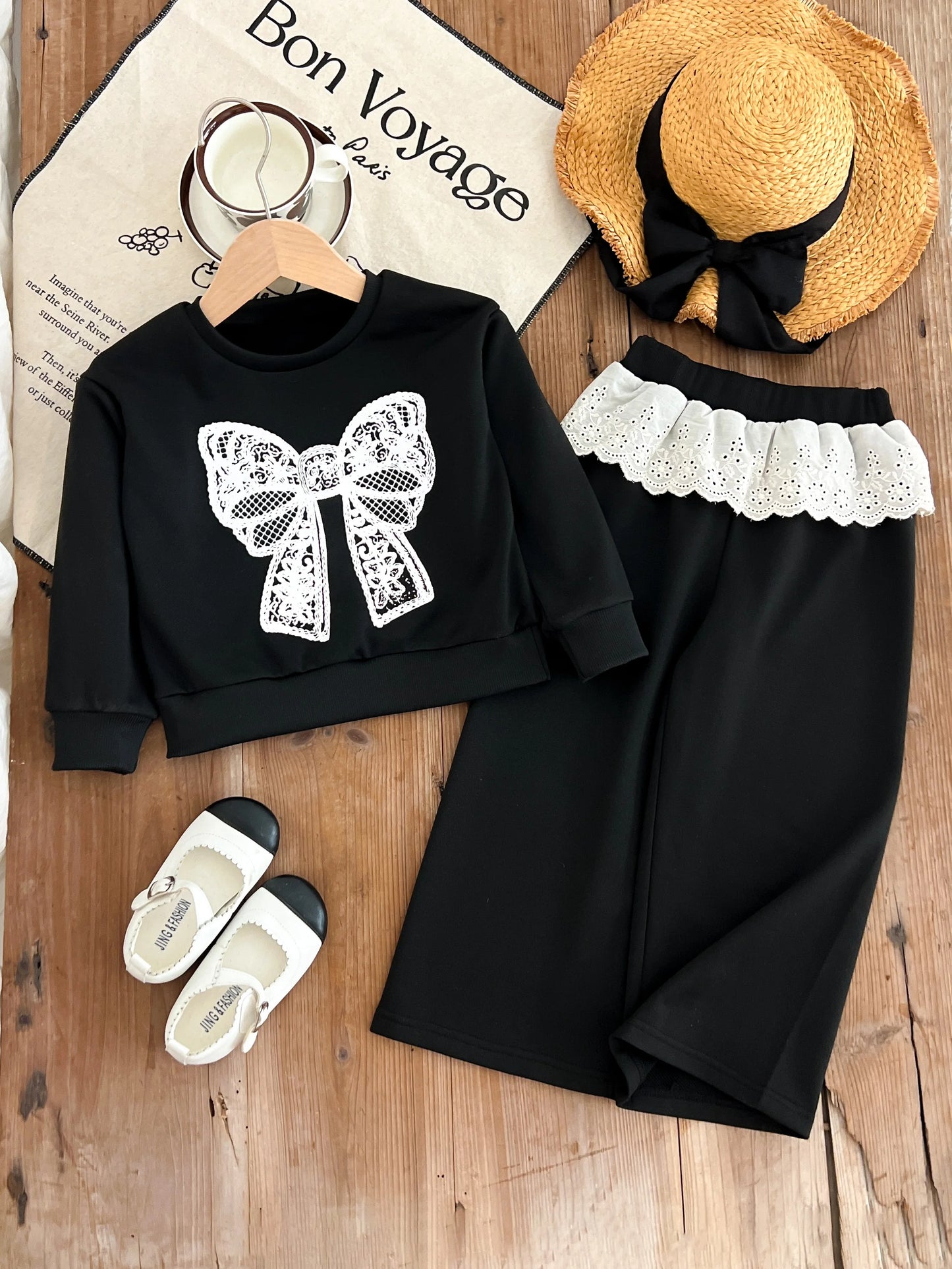 children's clothing for 3-7 years  white bow printed long-sleeved top + pants autumn girls set