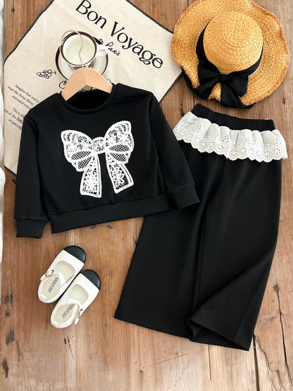 children's clothing for 3-7 years  white bow printed long-sleeved top + pants autumn girls set