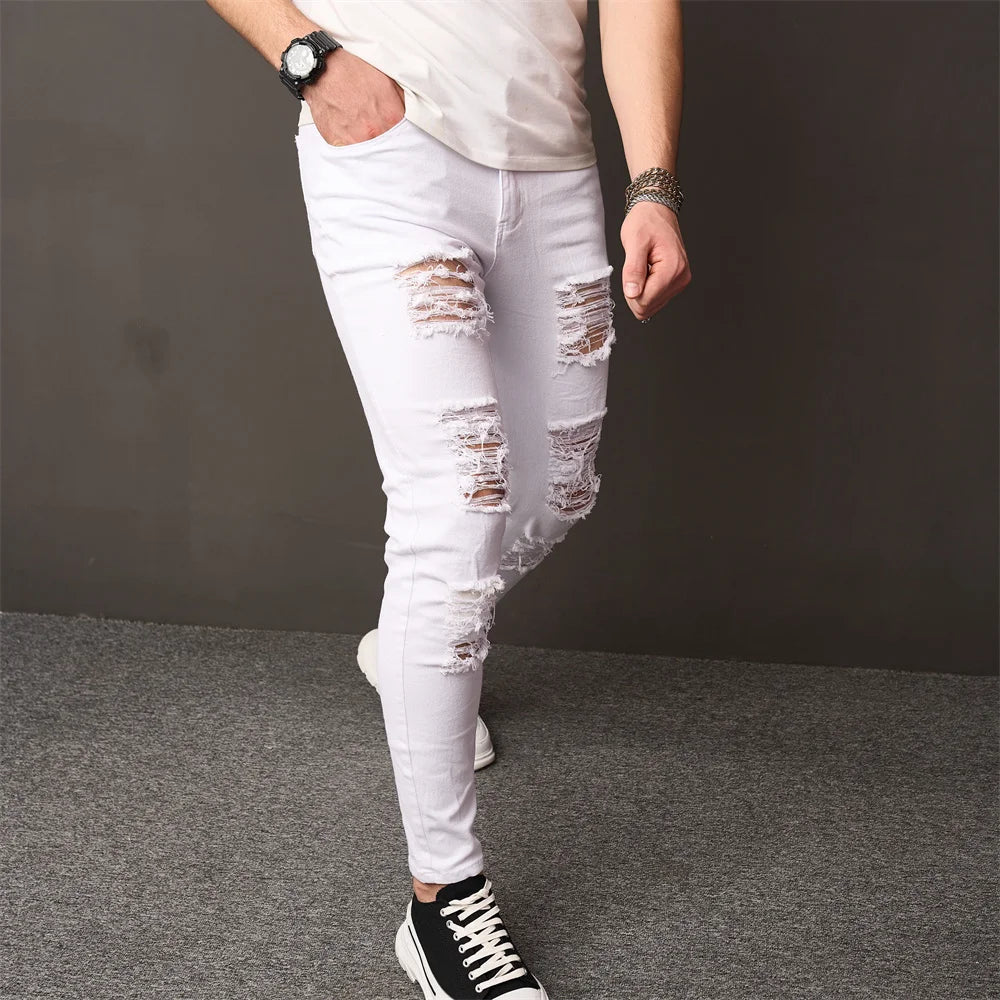 Men Street style Holes Skinny Beggar Jeans Good Quality Distressed Men's Slim Pencil Denim Pants Male Clothing