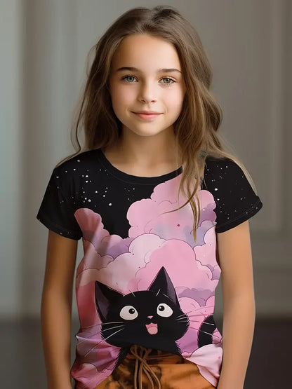 Kids Clothes Children's T-Shirt Girl Short Sleeve Top Cartoon Cat Kawaii Girls Summer Clothes Child T-Shirt  Children's Clothing