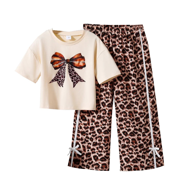 Kids  Clothing Sets Beige Bow Printed T-shirt & Striped Leopard Pants Trendy Girls Outfit Summer Clothing Sets 8-12 Kids Suit