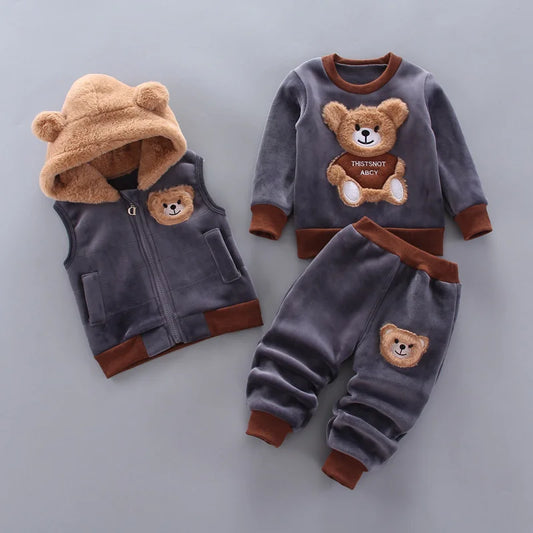 Kids Cartoon Clothing Sets Winter Autumn Boys Girls Cotton Thick Warm Hooded Sweater Cute Bear 3Pcs Children Suits 0-4 Years