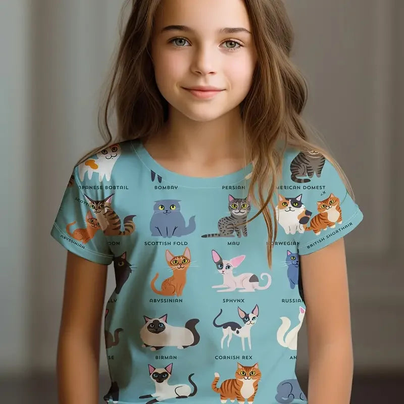 Kids Clothes Children's T-Shirt Girl Short Sleeve Top Cartoon Cat Kawaii Girls Summer Clothes Child T-Shirt  Children's Clothing