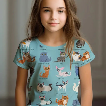 Kids Clothes Children's T-Shirt Girl Short Sleeve Top Cartoon Cat Kawaii Girls Summer Clothes Child T-Shirt  Children's Clothing
