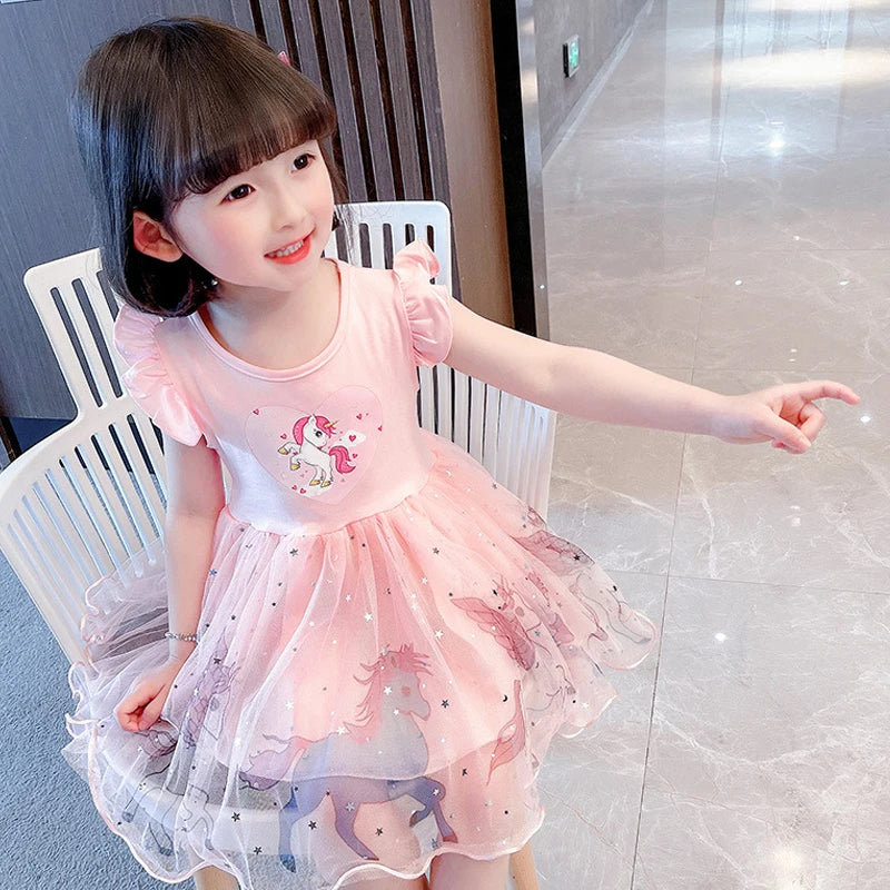 Girls Dress 2025 New Summer Princess Dresses Flying Sleeve Kids Clothes Unicorn Party Baby Dresses For Children Clothing 3-8Y
