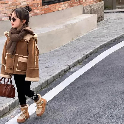 Girl Coat Children Suede Coat Autumn and Winter Girl Korean Style Thick Fur Integrated Biker Coat with Fleece on Both Sides