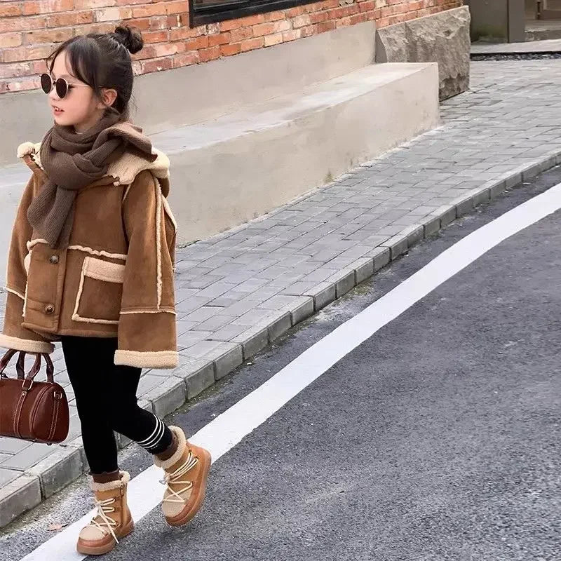 Girl Coat Children Suede Coat Autumn and Winter Girl Korean Style Thick Fur Integrated Biker Coat with Fleece on Both Sides