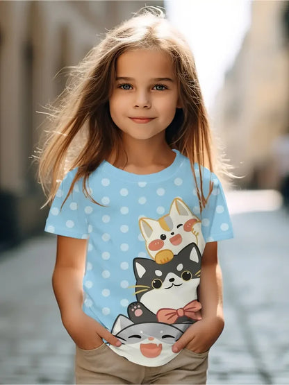Kids Clothes Children's T-Shirt Girl Short Sleeve Top Cartoon Cat Kawaii Girls Summer Clothes Child T-Shirt  Children's Clothing