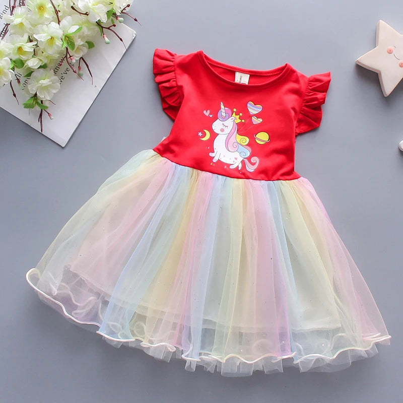 Girls Dress 2025 New Summer Princess Dresses Flying Sleeve Kids Clothes Unicorn Party Baby Dresses For Children Clothing 3-8Y