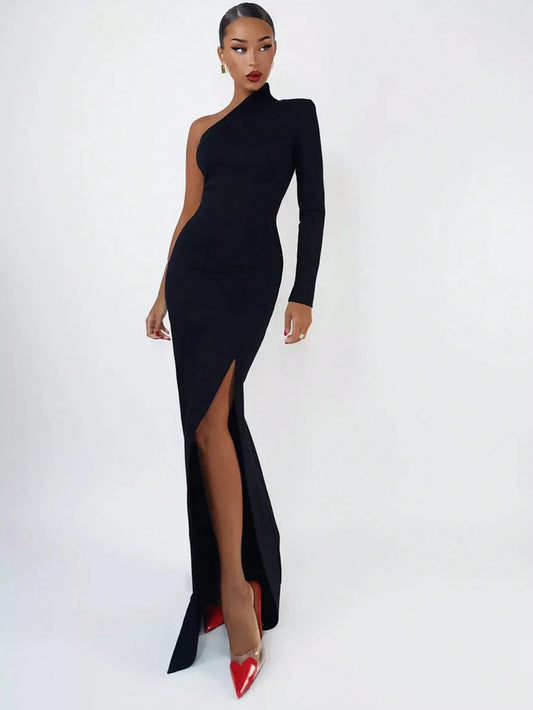 Women's Fashion Spring Summer Sexy Elegant Black Long Sleeve One Shoulder Long Bodycon Dress Party Cocktail Evening Dress Clothe