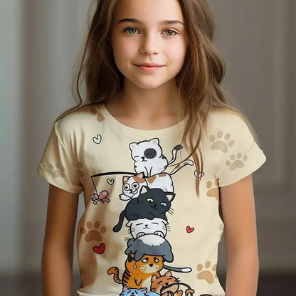 Kids Clothes Children's T-Shirt Girl Short Sleeve Top Cartoon Cat Kawaii Girls Summer Clothes Child T-Shirt  Children's Clothing