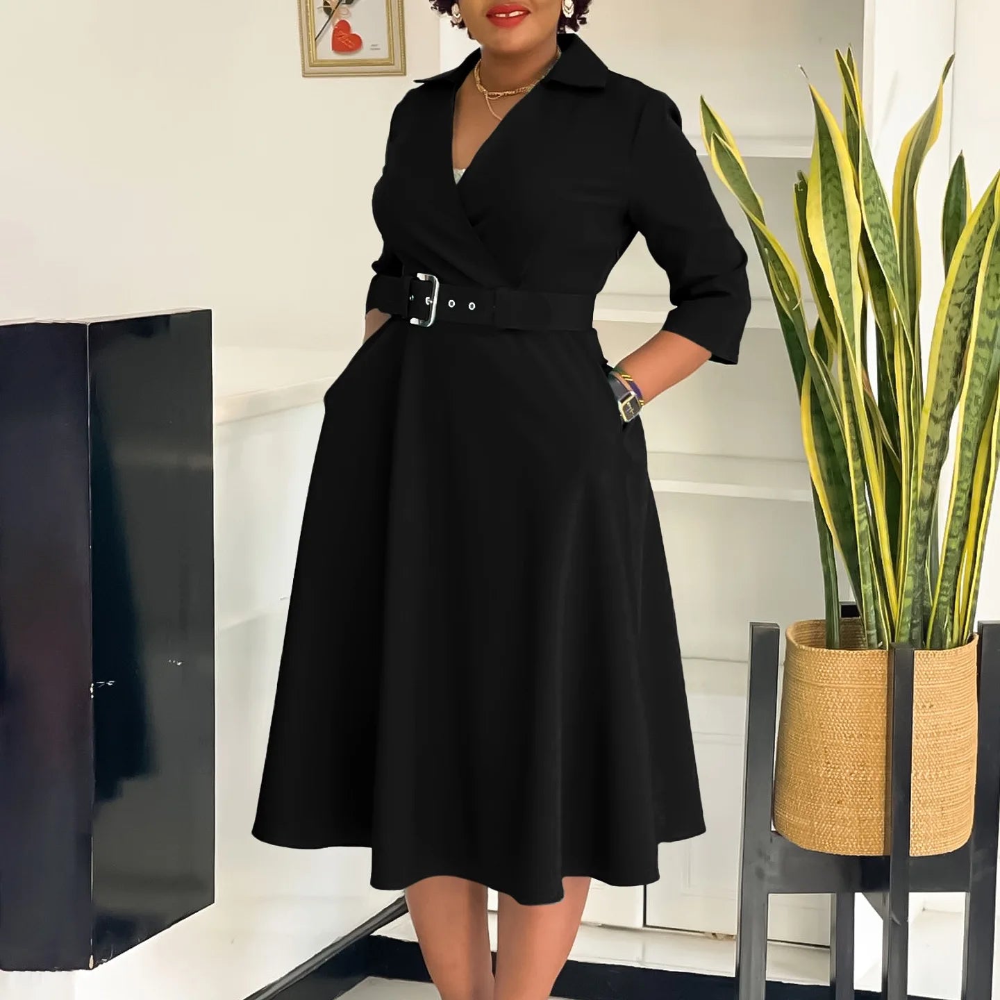 Fashion Office Dresses for Women Turn Down Collar V Neck Belt Waisted Pleated Mid Calf Elegant African Business Work Dress Cloth