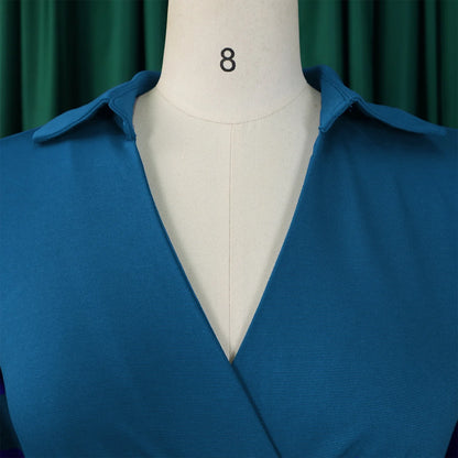 Fashion Office Dresses for Women Turn Down Collar V Neck Belt Waisted Pleated Mid Calf Elegant African Business Work Dress Cloth