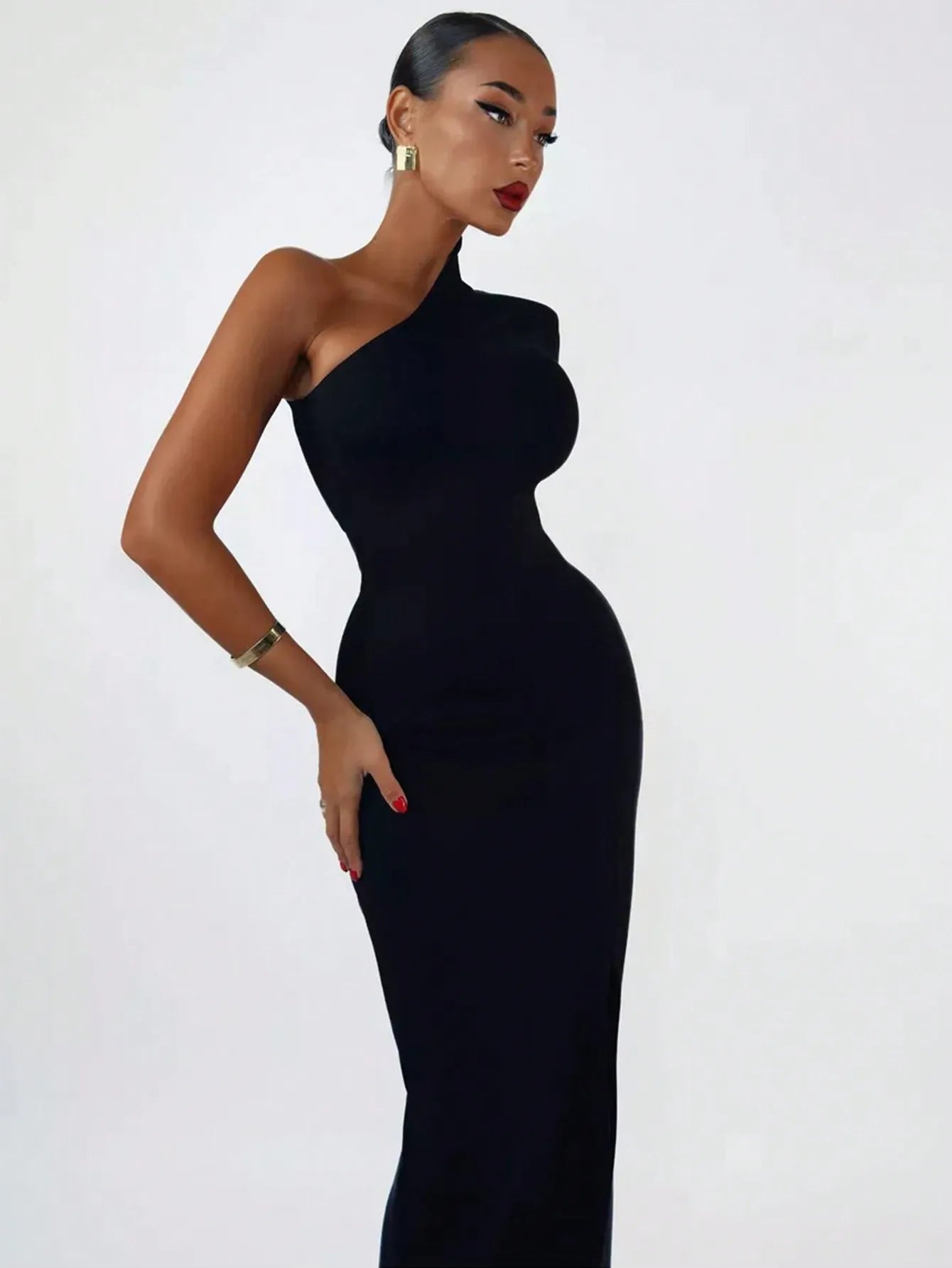 Women's Fashion Spring Summer Sexy Elegant Black Long Sleeve One Shoulder Long Bodycon Dress Party Cocktail Evening Dress Clothe
