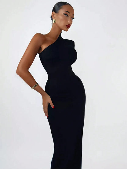 Women's Fashion Spring Summer Sexy Elegant Black Long Sleeve One Shoulder Long Bodycon Dress Party Cocktail Evening Dress Clothe