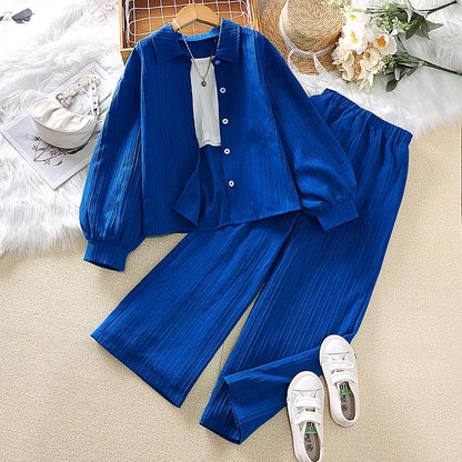 Girls Sets 4-16 Years Shirt Long-Sleeved Coat + Loose Casual Long Pants For Girls Korean Style Suits Summer Fashion Clothes Sets