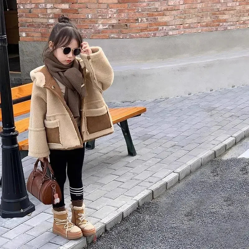 Girl Coat Children Suede Coat Autumn and Winter Girl Korean Style Thick Fur Integrated Biker Coat with Fleece on Both Sides