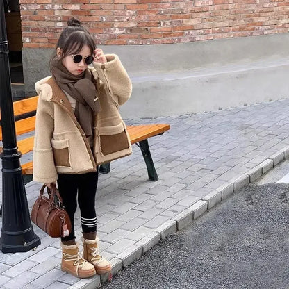 Girl Coat Children Suede Coat Autumn and Winter Girl Korean Style Thick Fur Integrated Biker Coat with Fleece on Both Sides