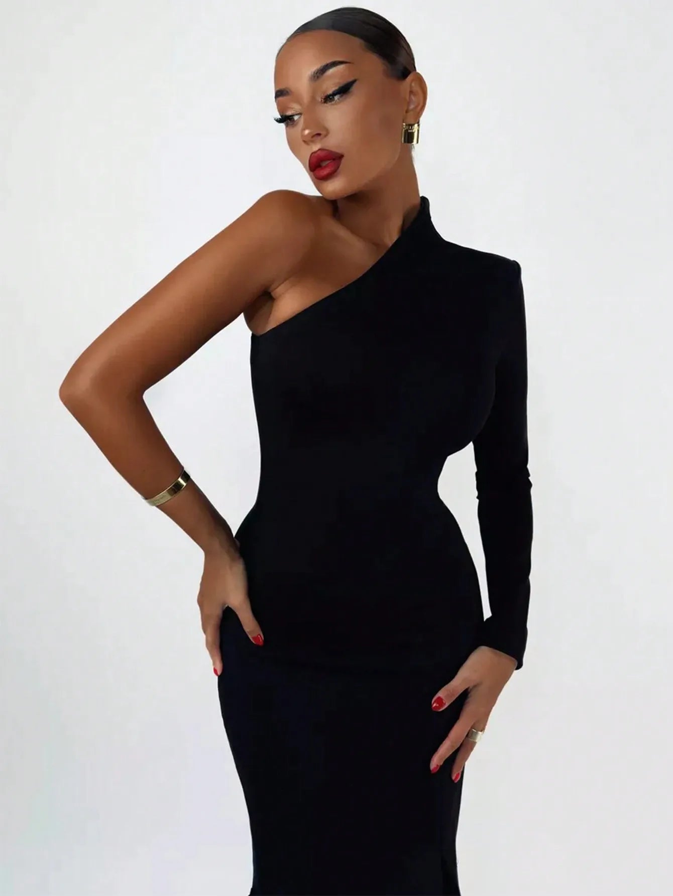 Women's Fashion Spring Summer Sexy Elegant Black Long Sleeve One Shoulder Long Bodycon Dress Party Cocktail Evening Dress Clothe