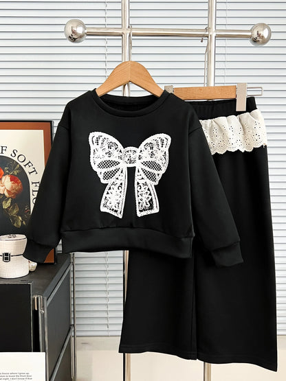 children's clothing for 3-7 years  white bow printed long-sleeved top + pants autumn girls set