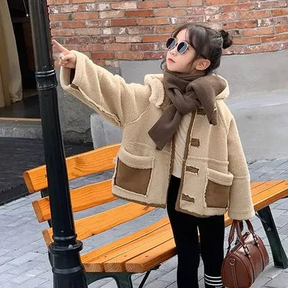 Girl Coat Children Suede Coat Autumn and Winter Girl Korean Style Thick Fur Integrated Biker Coat with Fleece on Both Sides