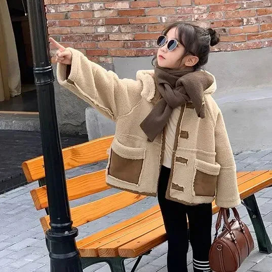 Girl Coat Children Suede Coat Autumn and Winter Girl Korean Style Thick Fur Integrated Biker Coat with Fleece on Both Sides