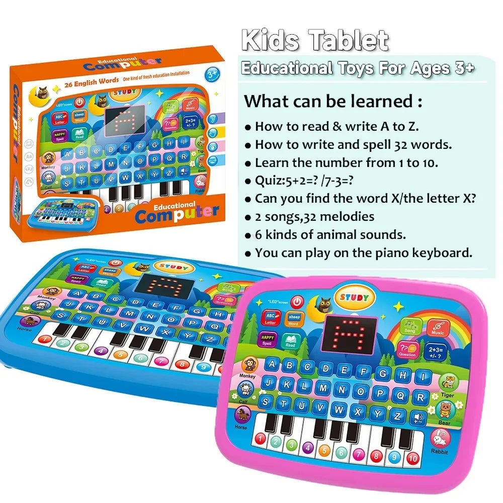 Kids’ Education LED Tablet Toy, Age 3+ Literacy Math Music Learning, Doubles as Electronic Keyboard, Birthday Christmas Gift
