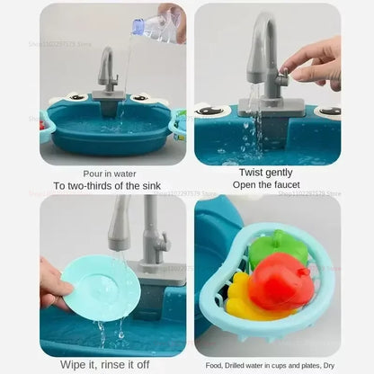 Kids Play Kitchen Set Simulated Dishwasher Sink Hand Basin with Electric Circulating Water Toys for Boys Girls Pretend Role Play