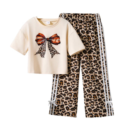 Kids  Clothing Sets Beige Bow Printed T-shirt & Striped Leopard Pants Trendy Girls Outfit Summer Clothing Sets 8-12 Kids Suit