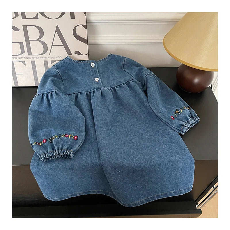 Kids Clothing  Spring And Autumnr Round Neck Floral Embroidered Long Sleeve Denim dress Girls Dress Princess Dress