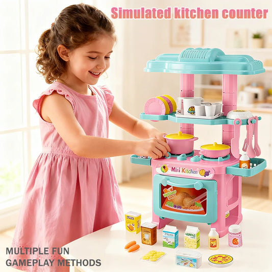 Kids Mini Kitchen Counter Play Set DIY Simulated Cooking Food Tableware Play House Role Play Pretend Game Toys Gift for Boy Girl