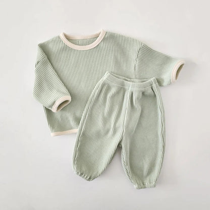 Korean Style Children Clothes Suit Waffle Pullover+Pants Baby Boys Girls Clothing Set Spring Autumn Kids Clothes Suit