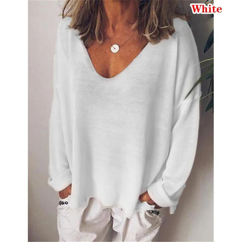 Fashion Summer New Women T-Shirt Solid Color Casual Versatile  Loose Tops V-Neck Blouses Long Sleeve Shirt Perspective Y2K Tops