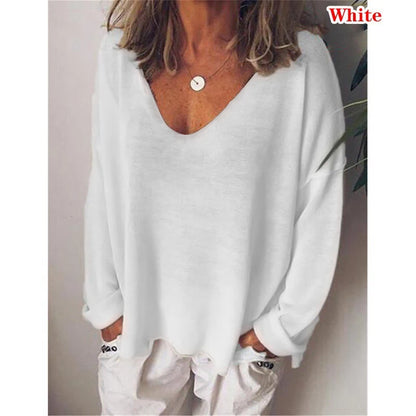 Fashion Summer New Women T-Shirt Solid Color Casual Versatile  Loose Tops V-Neck Blouses Long Sleeve Shirt Perspective Y2K Tops