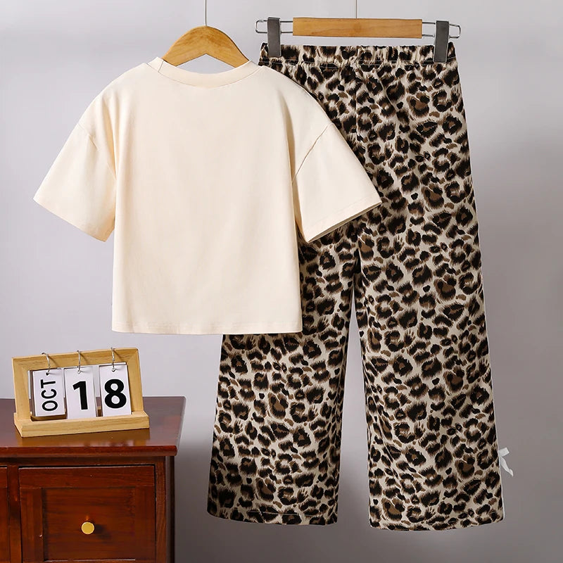 Kids  Clothing Sets Beige Bow Printed T-shirt & Striped Leopard Pants Trendy Girls Outfit Summer Clothing Sets 8-12 Kids Suit