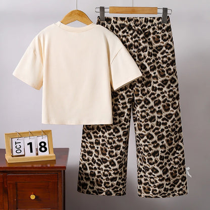 Kids  Clothing Sets Beige Bow Printed T-shirt & Striped Leopard Pants Trendy Girls Outfit Summer Clothing Sets 8-12 Kids Suit
