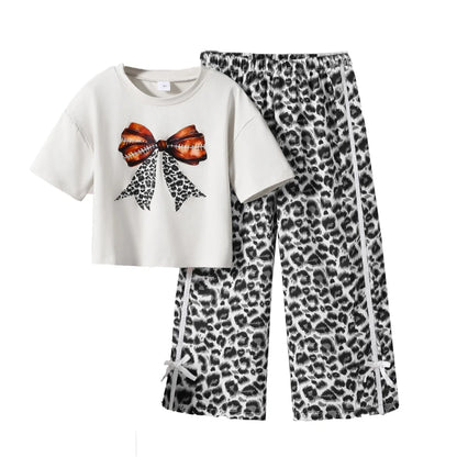 Kids  Clothing Sets Beige Bow Printed T-shirt & Striped Leopard Pants Trendy Girls Outfit Summer Clothing Sets 8-12 Kids Suit