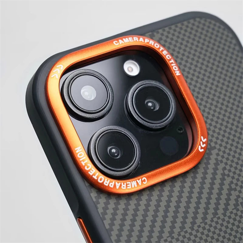 Matte Carbon Fiber Texture MagSafe Phone Case For iPhone 17 16 15 14 Pro Max 17Air Wireless Charging Alloy Lens Shockproof Cover